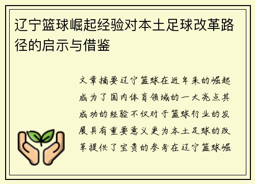 辽宁篮球崛起经验对本土足球改革路径的启示与借鉴